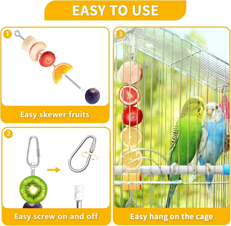 VOXGET 3 Pcs Bird Food Holder for Cage, Parrot Food Treat Skewer Hanging Fruit Vegetable, Stainless Steel Bird Foraging Toy for Cockatiel Parakeet Budgie Macaw Small Animals Feeder -Silvery, 3 Pcs - Image 4